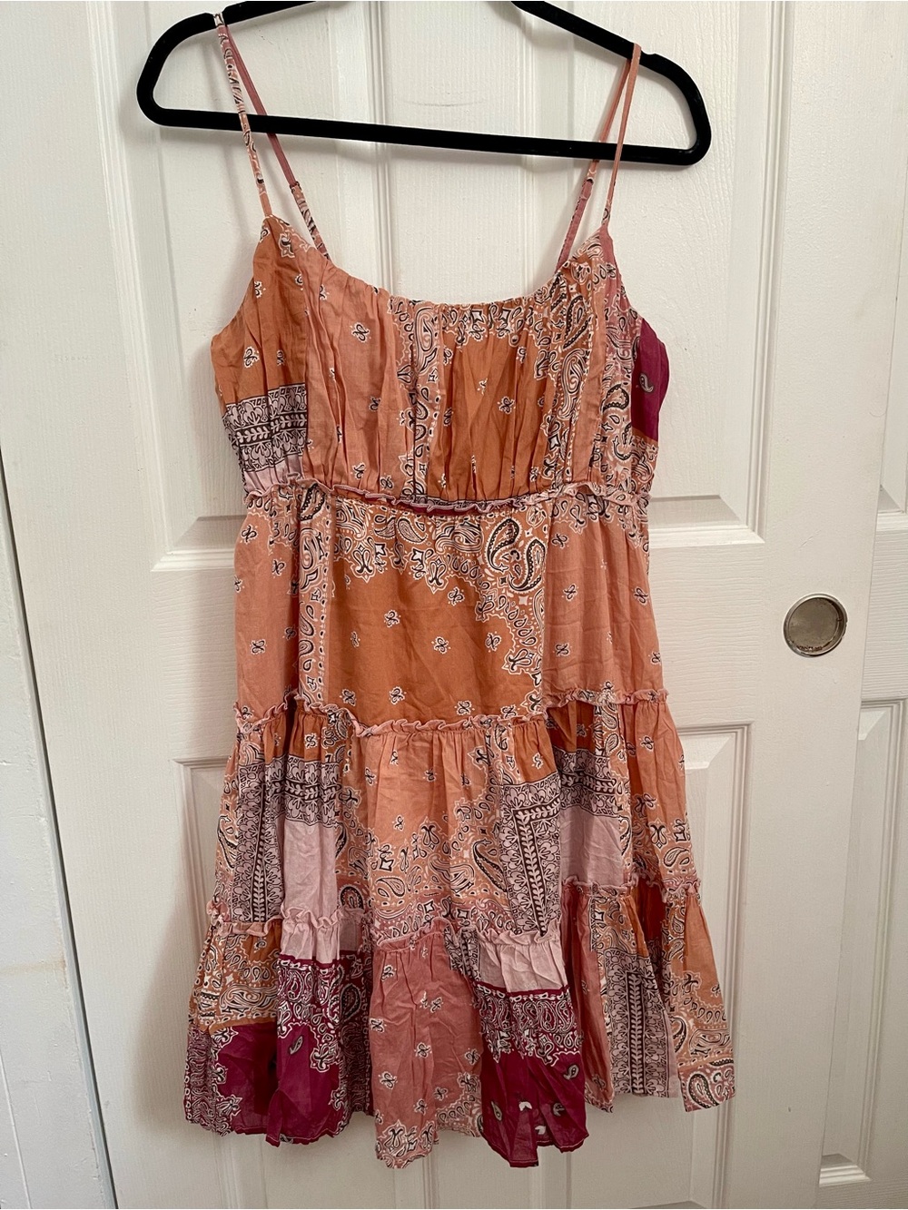 Lucky Brand Patchwork tiered dress pink orange bandana women's M